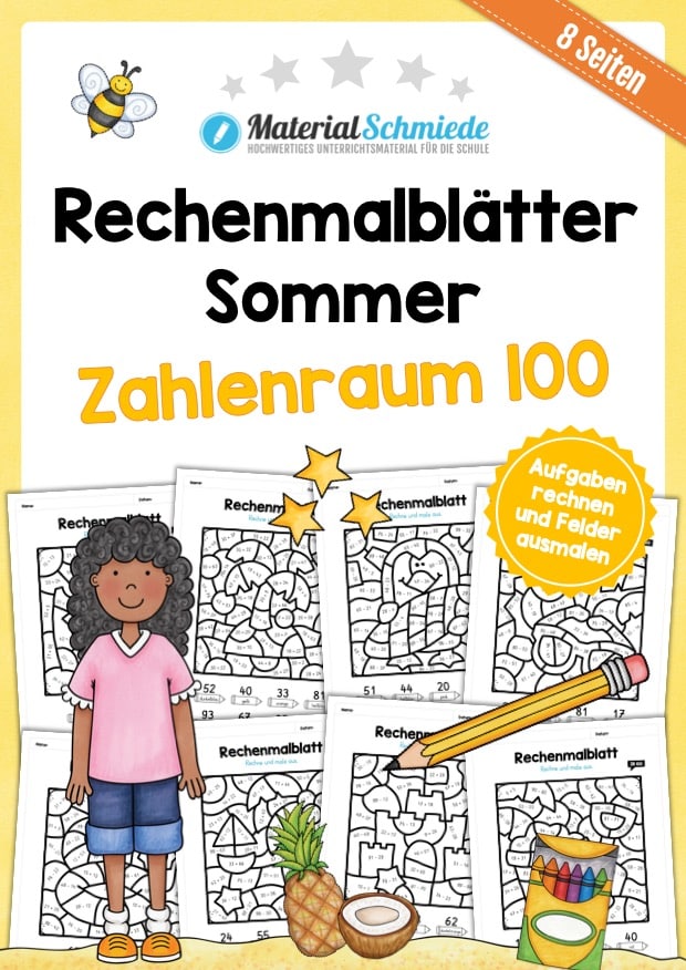 8 Rechenmalblätter zum Sommer im Zahlenraum bis 100