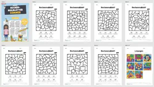 8 Rechenmalblätter Sommer: Zahlenraum 100 (Überblick)
