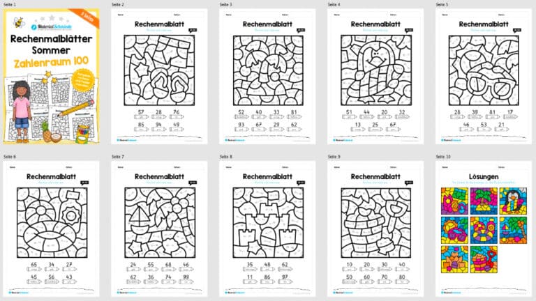 8 Rechenmalblätter zum Sommer im Zahlenraum bis 100 (Überblick)