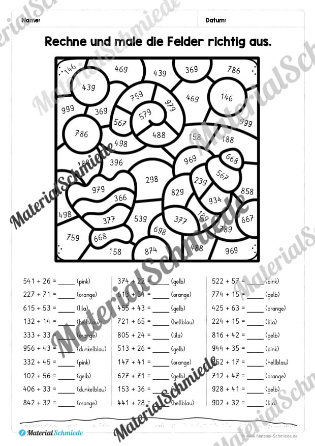 8 Rechenmalblätter zum Sommer im Zahlenraum bis 1.000 (Vorschau 02)