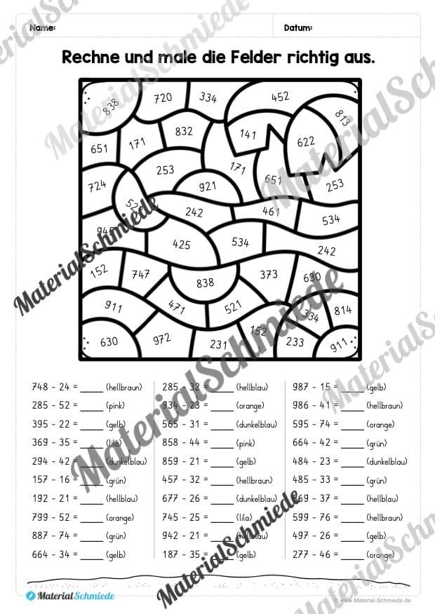 8 Rechenmalblätter zum Sommer im Zahlenraum bis 1.000 (Vorschau 04)
