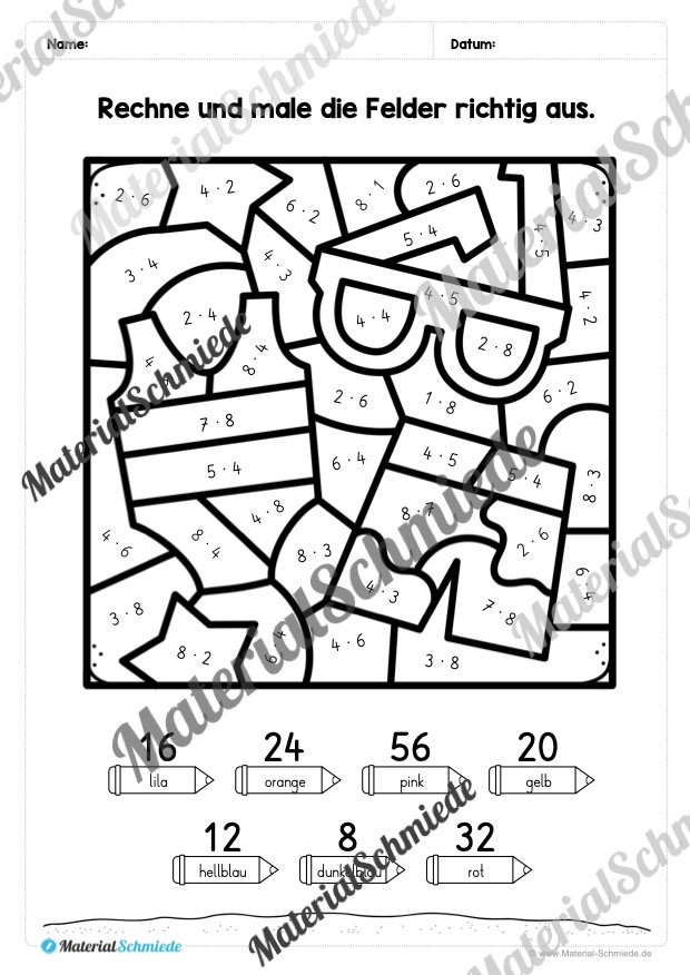 8 Rechenmalblätter zum Sommer im Zahlenraum bis 1.000 (Vorschau 05)