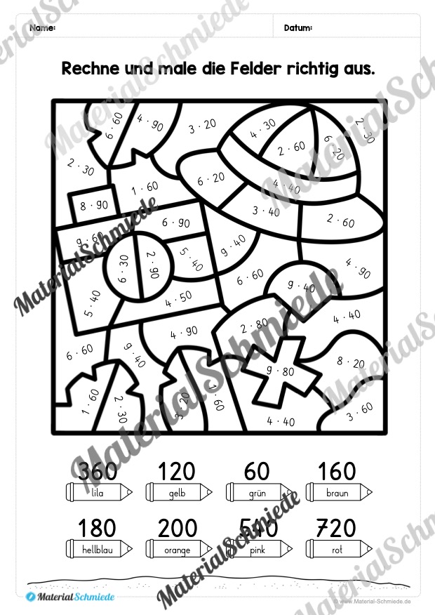 8 Rechenmalblätter zum Sommer im Zahlenraum bis 1.000 (Vorschau 06)