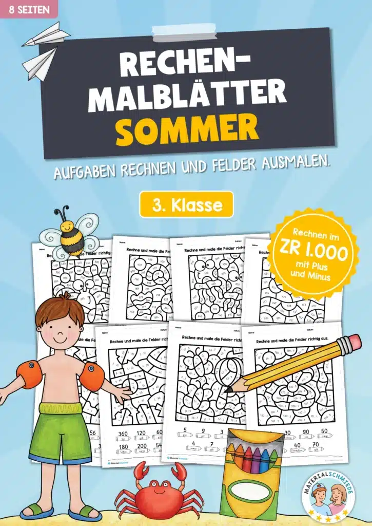 8 Rechenmalblätter zum Sommer im Zahlenraum bis 1.000