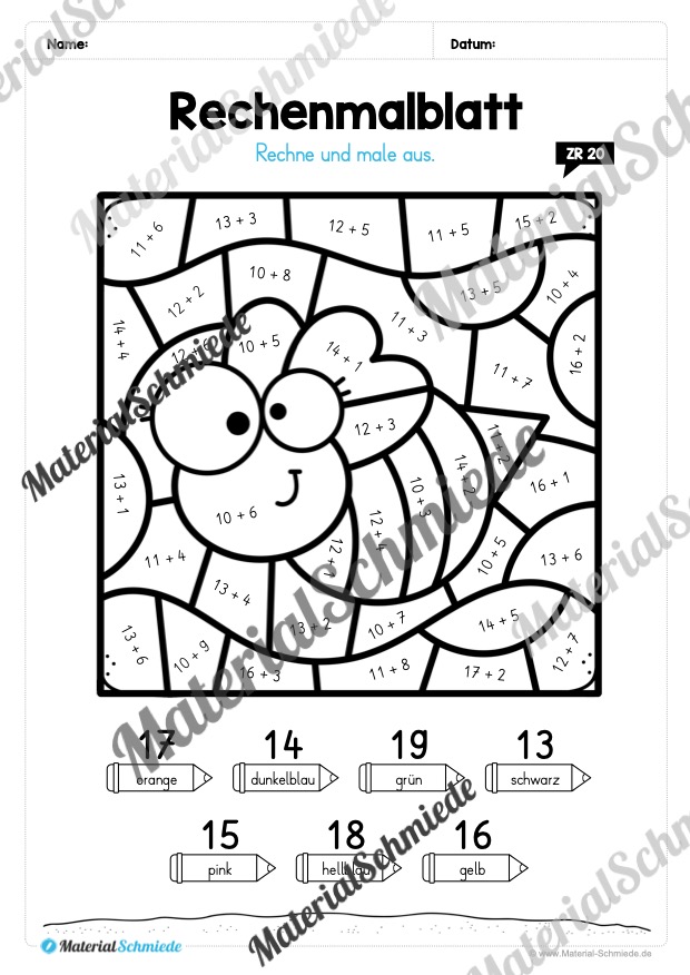 8 Rechenmalblätter zum Sommer im Zahlenraum 20 (Vorschau 01)