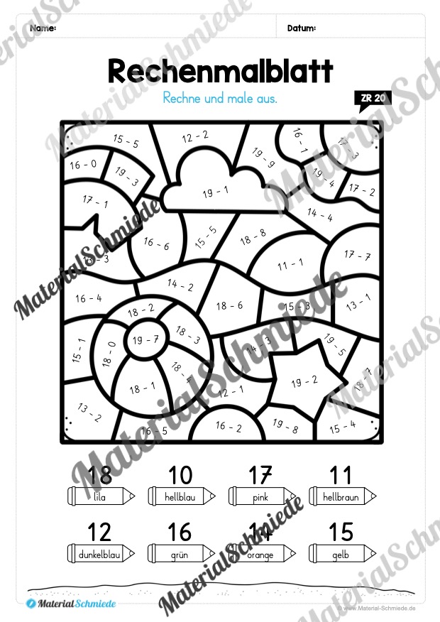 8 Rechenmalblätter zum Sommer im Zahlenraum 20 (Vorschau 03)