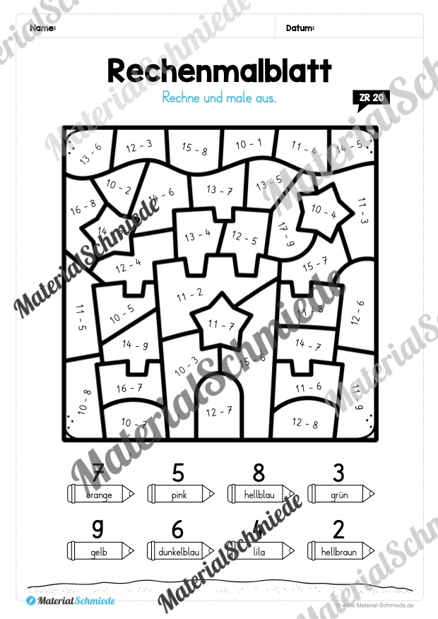 8 Rechenmalblätter zum Sommer im Zahlenraum 20 (Vorschau 04)