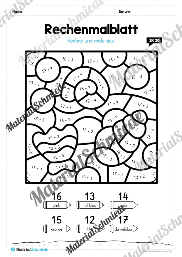 8 Rechenmalblätter zum Sommer im Zahlenraum 20 (Vorschau 06)