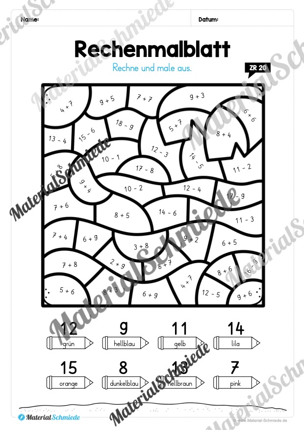 8 Rechenmalblätter zum Sommer im Zahlenraum 20 (Vorschau 07)