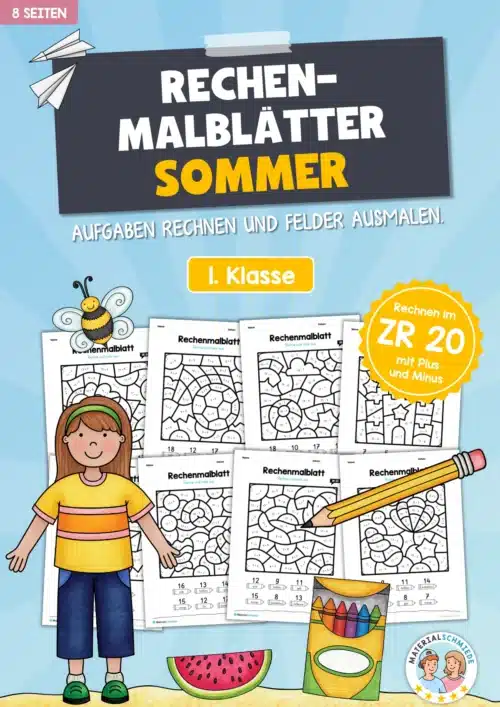 8 Rechenmalblätter Sommer: Zahlenraum 20