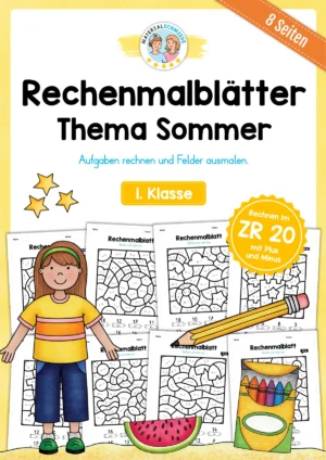8 Rechenmalblätter Sommer: Zahlenraum 20