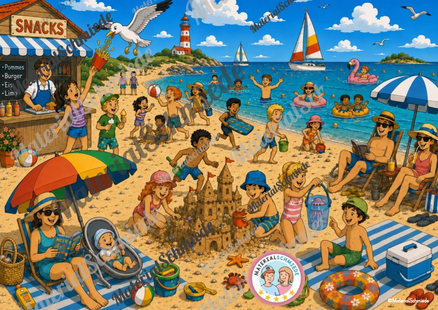 Wimmelbild zum Sommer (mit Aufgaben) - 2. bis 4. Klasse (Arbeitsblatt 01)