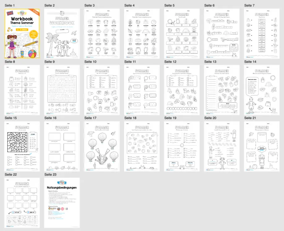 Workbook Sommer/Summer auf Englisch (21 Arbeitsblätter) - Überblick