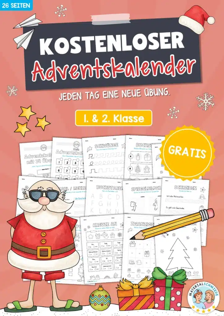 Kostenloser Adventskalender für die 1. & 2. Klasse (24 Seiten)