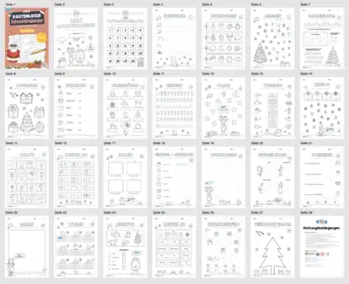 Kostenloser Adventskalender für die 1. & 2. Klasse (24 Seiten) - Überblick