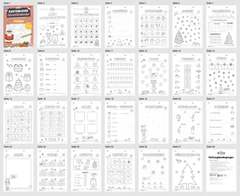 Kostenloser Adventskalender für die 1. & 2. Klasse (24 Seiten) – Überblick
