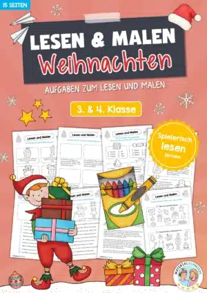 15 Arbeitsblätter zum Lesen & Malen zu Weihnachten