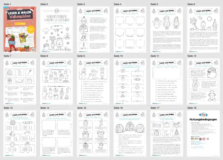 15 Arbeitsblätter zum Lesen & Malen zu Weihnachten (Überblick)