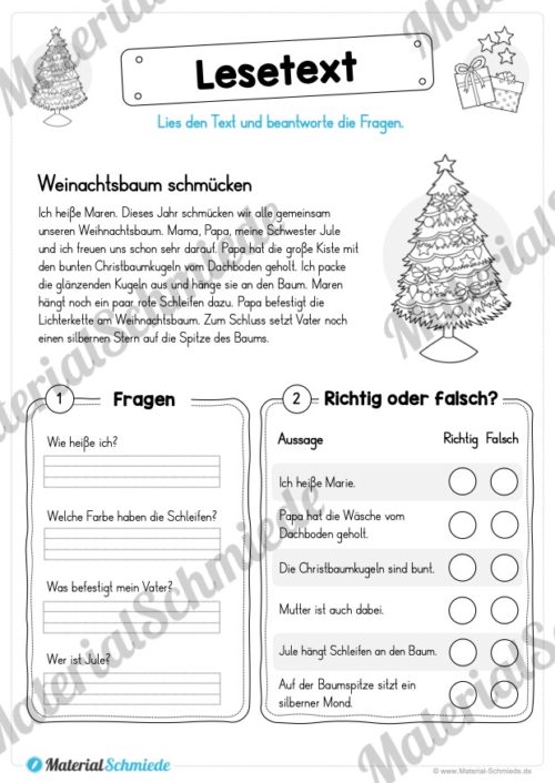 10 Leseübungen zu Weihnachten (Lesetext mit Fragen)