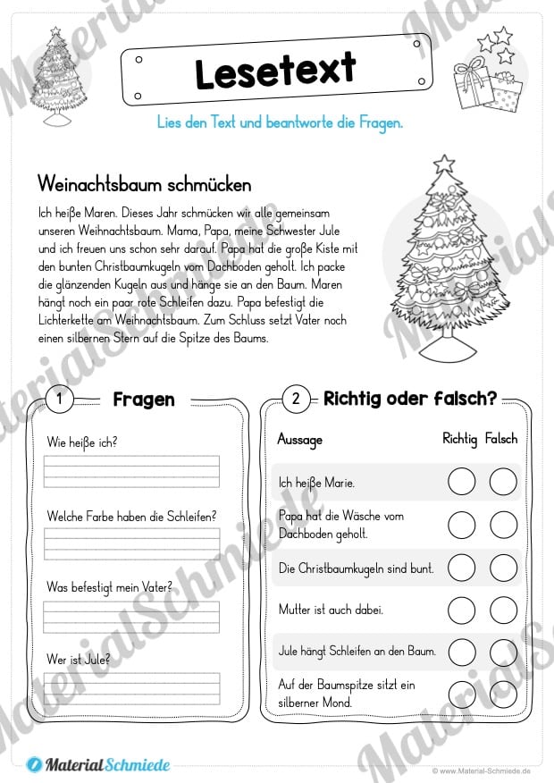 10 Leseübungen zu Weihnachten (Lesetext mit Fragen)