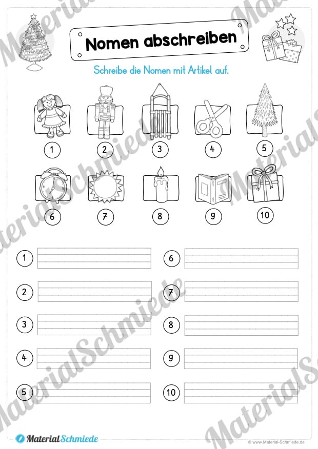 Materialpaket Weihnachten: 25 Arbeitsblätter (Nomen abschreiben)