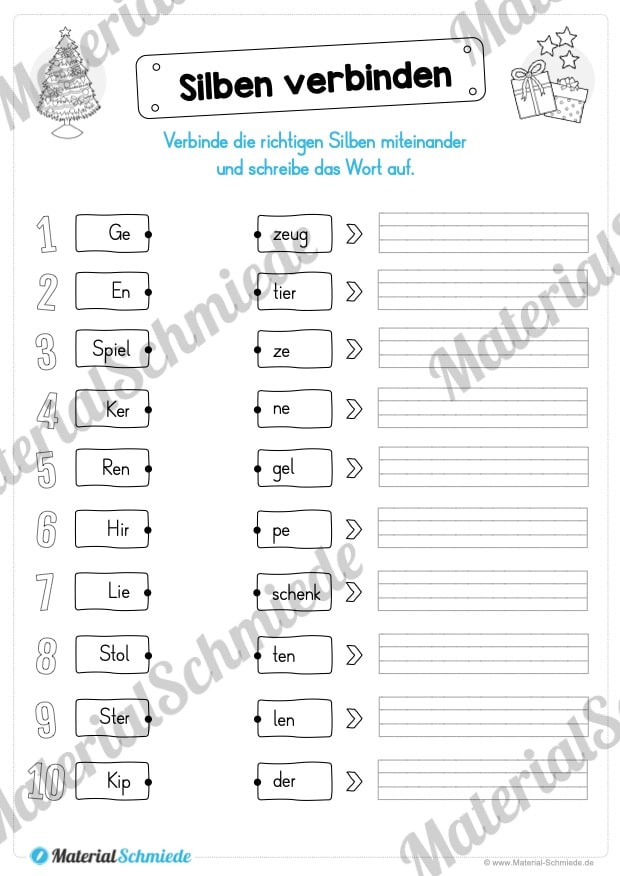 Materialpaket Weihnachten: 25 Arbeitsblätter (Silben verbinden)