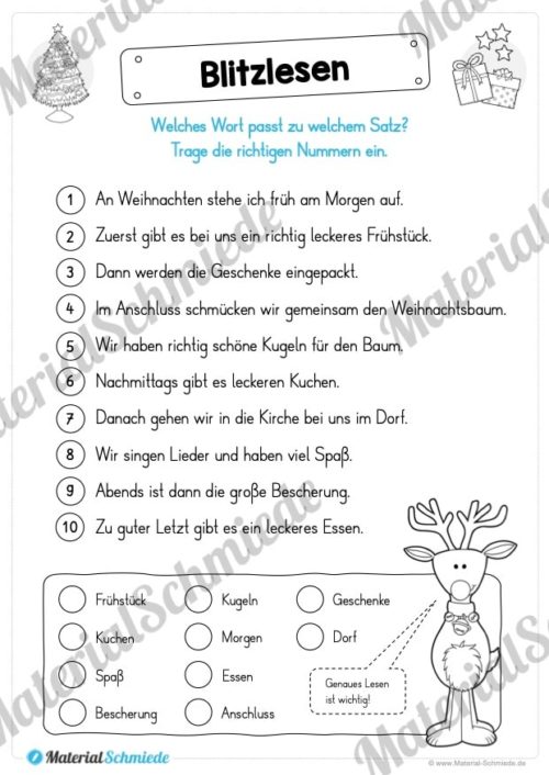 Materialpaket Weihnachten: 25 Arbeitsblätter (Blitzlesen)