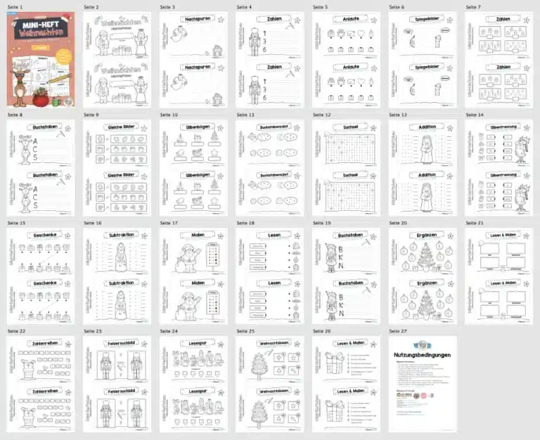 Mini-Heft: Weihnachten – 1. Klasse (24 Arbeitsblätter) – Überblick