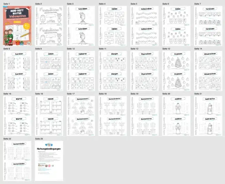 20 Seiten: Mathe Weihnachts-Heftchen (Zahlenraum bis 10) – Überblick