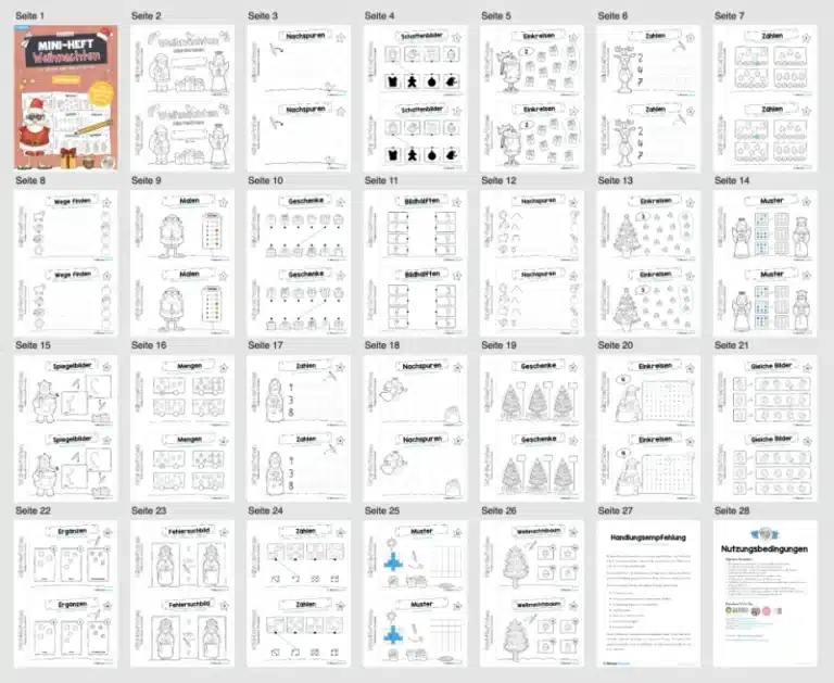 Mini-Heft: Weihnachten – Vorschule (24 Arbeitsblätter) – Überblick