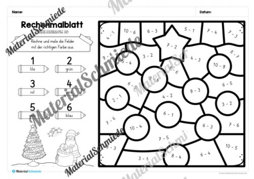 8 Rechenmalblätter Weihnachten: Zahlenraum 10 (Vorschau 03)