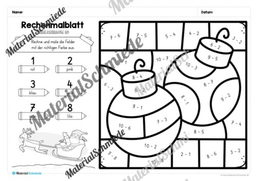 8 Rechenmalblätter Weihnachten: Zahlenraum 10 (Vorschau 04)