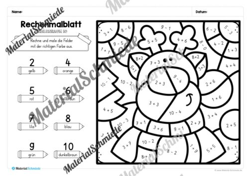 8 Rechenmalblätter Weihnachten: Zahlenraum 10 (Vorschau 05)