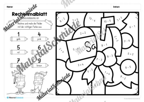 8 Rechenmalblätter Weihnachten: Zahlenraum 10 (Vorschau 07)