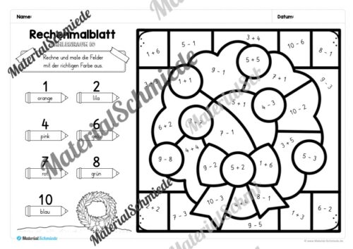 8 Rechenmalblätter Weihnachten: Zahlenraum 10 (Vorschau 08)