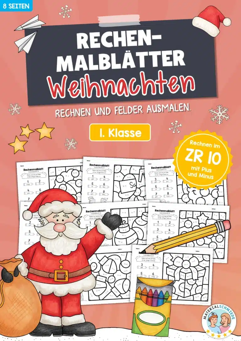 8 Rechenmalblätter Weihnachten: Zahlenraum 10