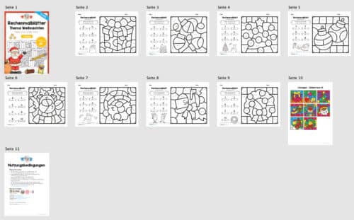8 Rechenmalblätter Weihnachten: Zahlenraum 10 (Überblick)