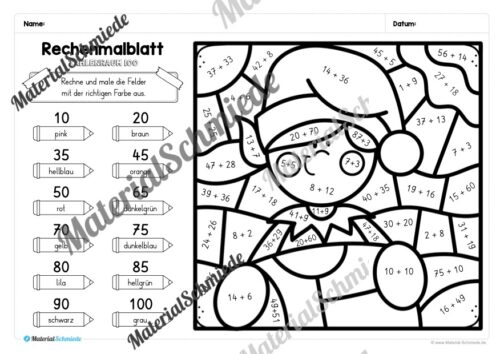 8 Rechenmalblätter Weihnachten: Zahlenraum 100 (Vorschau 02)