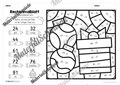 8 Rechenmalblätter Weihnachten: Zahlenraum 100 (Vorschau 03)