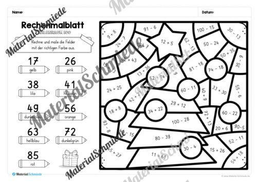 8 Rechenmalblätter Weihnachten: Zahlenraum 100 (Vorschau 06)