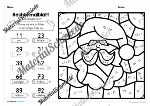 8 Rechenmalblätter Weihnachten: Zahlenraum 100 (Vorschau 08)