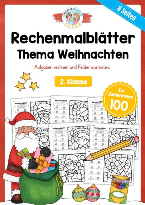 8 Rechenmalblätter Weihnachten: Zahlenraum 100