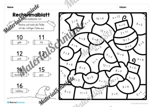 8 Rechenmalblätter Weihnachten: Zahlenraum 20 (Vorschau 02)