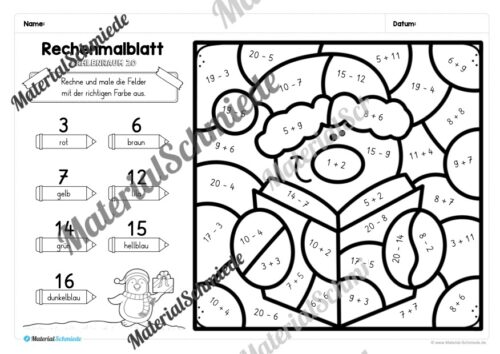 8 Rechenmalblätter Weihnachten: Zahlenraum 20 (Vorschau 05)