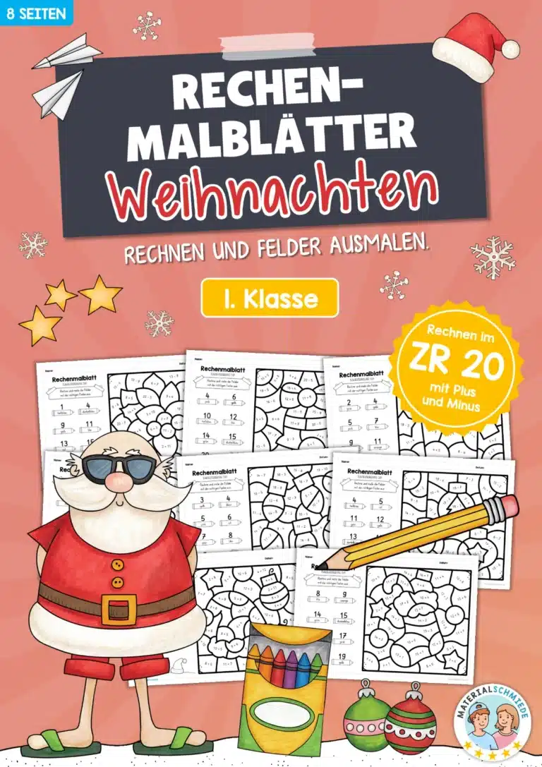8 Rechenmalblätter Weihnachten: Zahlenraum 20