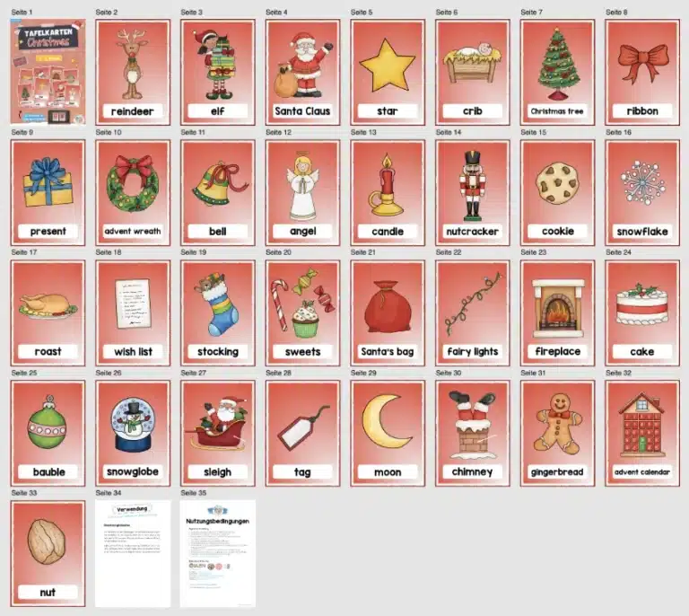 32 Tafelkarten zu Weihnachten (auf Englisch) – Überblick