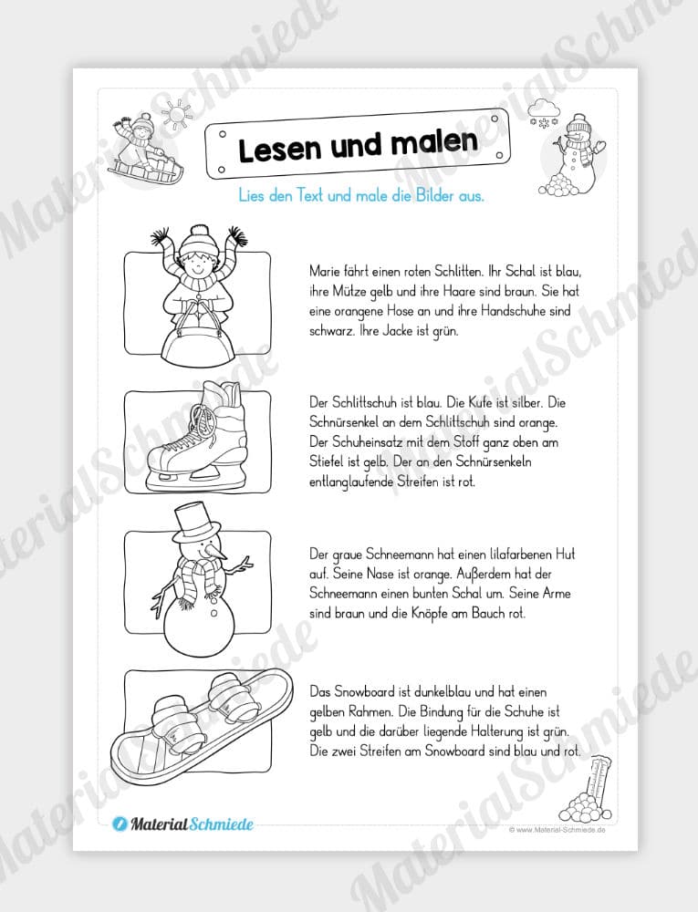 Materialpaket Winter: Deutsch (1/2 Klasse) – Lesen und malen