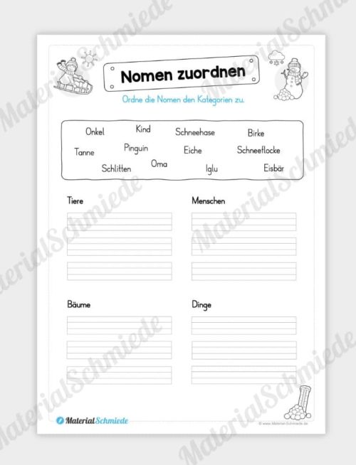 Materialpaket Winter: Deutsch (1/2 Klasse) - Nomen zuordnen