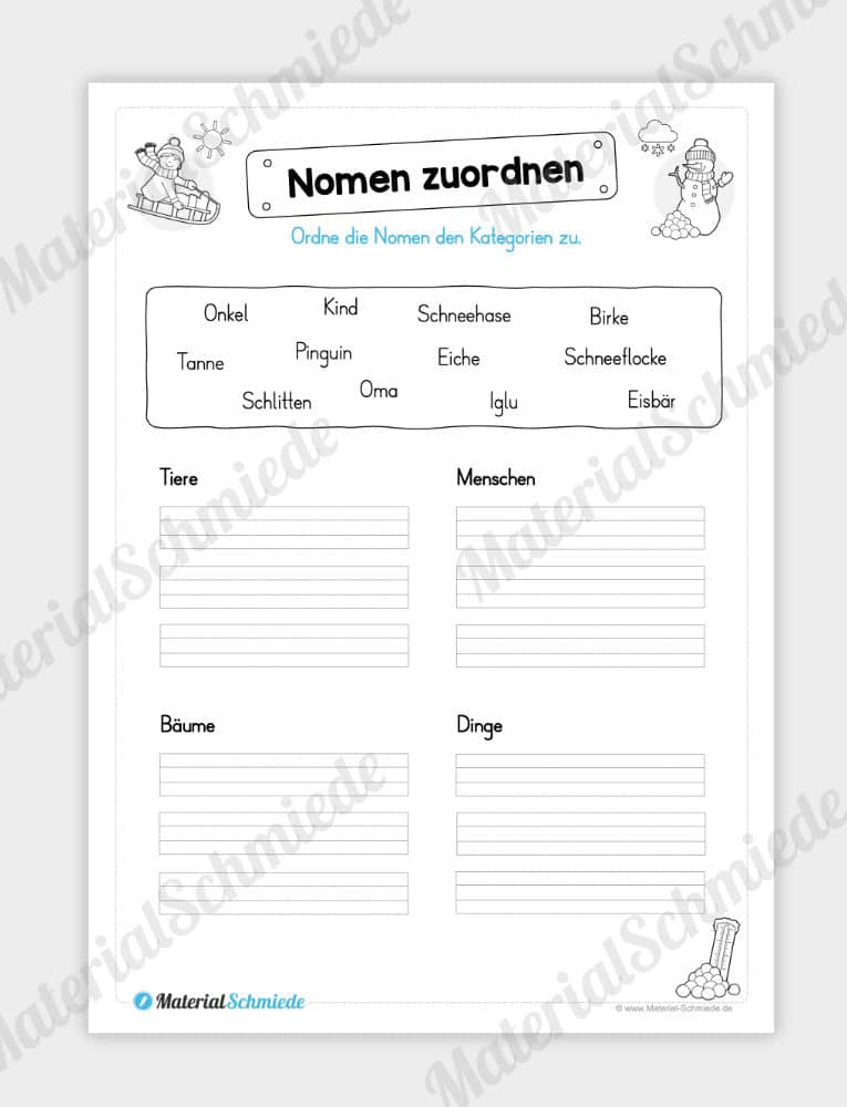 Materialpaket Winter: Deutsch (1/2 Klasse) – Nomen zuordnen