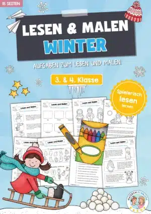 15 Arbeitsblätter zum Lesen & Malen im Winter